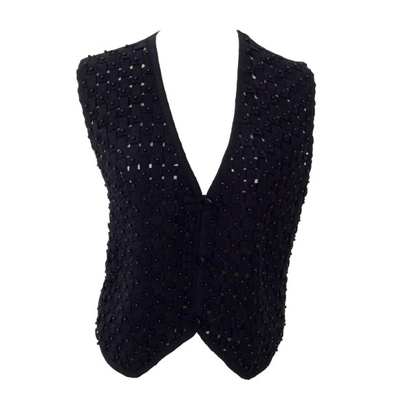 Vintage Halsey Collection Black Beaded Vest Basketweave  Pattern Size Small - Picture 2 of 5